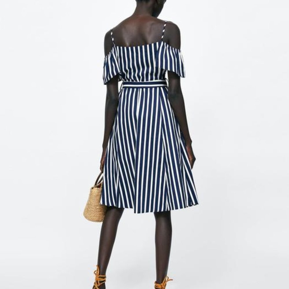 ZARA Cold Shoulder Nautical Navy Blue White Stripe Cotton Midi Dress - Picture 4 of 13